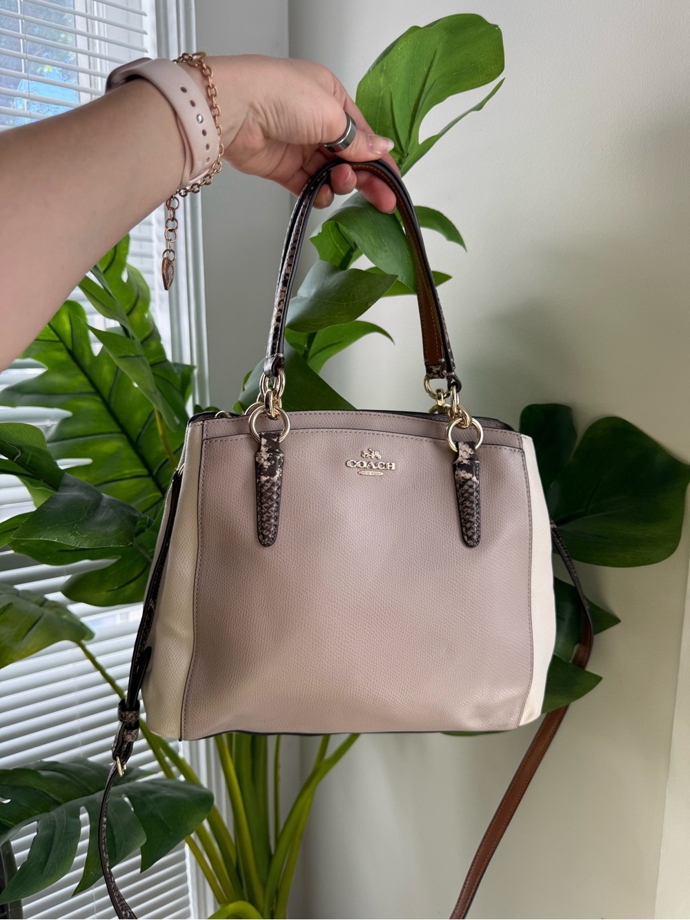 COACH Pebbled Leather Two-Tone Satchel Bag in Light Pink and Cream